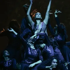 A climactic group pose from 'Sitayana', an SNDA Production. This image captures the intensity and emotion of a full-scale contemporary dance-theatre piece.
