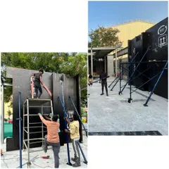 Our team on-site, assembling the structure of the Tiruppur Business Hub. Using these bio-based composite panels allows for a cleaner and more efficient construction process compared to traditional methods.