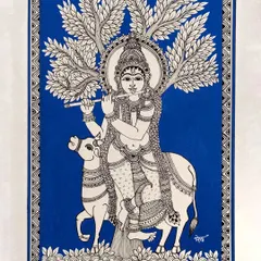 "ಕೃಷ್ಣಂ ವಂದೇ ಜಗದ್ಗುರುಮ್". This is a traditional Kalamkari ink drawing of Lord Krishna, set against a bold blue background. The intricate line work and classic composition are central to my exploration of Indian heritage and spiritual art.
