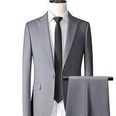 A classic two-piece suit in a light grey. This is a staple for any man's wardrobe, tailored for a clean and professional look.