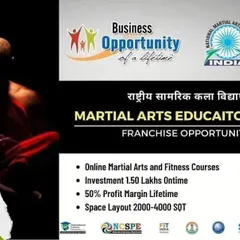 This graphic presents our Martial Arts Education Franchise as a lifetime business opportunity. It details the investment, profit margin, and space requirements, along with the core offering of online martial arts and fitness courses.