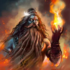 An artwork of Rudra, the fierce form of Shiva, holding a ball of fire. The intense colors and his powerful expression capture the untamable energy of the Aghori spirit.