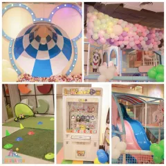 This collage shows the variety of fun in our play area, including the ball pit tunnel, a giant slide, a claw machine, and an obstacle course area.