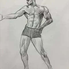 A figure drawing study focusing on male anatomy and musculature. These quick sketches are essential practice for understanding the human form in various poses.
