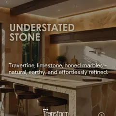 Understated stone like travertine, limestone, and honed marble brings an earthy, refined quality to a workspace. These natural materials carry a sense of stillness and permanence, grounding the design in effortless elegance.