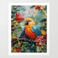 This textured oil painting of a parrot showcases the impasto technique, where thick layers of paint are applied to create a 3D effect.