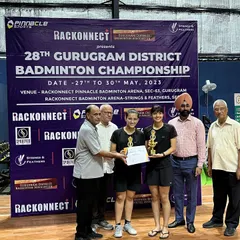 Celebrating the women's doubles winners from my academy at the Gurugram District Championship. Their coordinated play and determination were outstanding throughout the tournament.