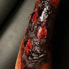 This is an example of my hyper-realistic injury effects, created for film and TV shoots. I used professional-grade silicone and specialized coloring techniques to create the texture and depth of a severe burn, making it look completely real on camera.