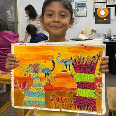 A stunning piece inspired by folk art. This 8-year-old artist did an amazing job with the intricate patterns and bold colors, creating a lively scene full of animals and trees.
