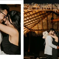 A diptych showing a romantic dance under a thatched roof at night. The combination of a close-up and a wider shot tells a story of intimacy and celebration.
