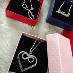 I offer a variety of custom name pendant designs, including this stethoscope for doctors, a simple nameplate, and an infinity heart for couples.