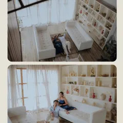 A creative collage showing two different perspectives of the same scene. This studio pre-wedding shoot plays with angles to tell a more complete story.