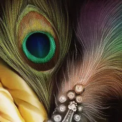 A detail shot of the peacock feather and jewels in Krishna's turban. I spent many hours painting each strand of the feather to capture its iridescent colors and delicate texture.