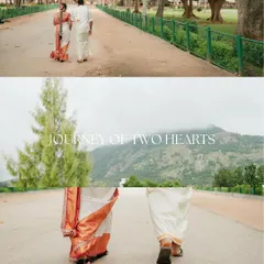 "Journey of Two Hearts." This collage captures a couple walking together in a serene, natural landscape, symbolizing the beginning of their shared path.