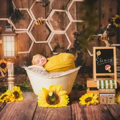 Our sweet-as-honey setup features a newborn nestled in a white tub, surrounded by bright sunflowers and whimsical bees. The rustic wooden backdrop and personalized chalkboard make this a cheerful and charming nature-inspired portrait.