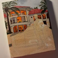 In this stage, I've added more detail to the background, including the palm trees and the warm glow from the windows of the house.