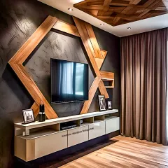 This project showcases our ability to create bold, artistic statements. A custom-built geometric wood frame surrounds the TV, turning the entire wall into a unique art installation that is both dramatic and functional.