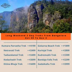 A price list for our popular 2-day treks from Bangalore, including Kumara Parvatha, Kodachadri, and Gokarna Beach Trek.
