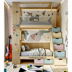 I just love creating fun and functional spaces for little ones! This bunk bed is a perfect example of smart design for a kid's room, with built-in drawers in the stairs for toys and clothes. It makes tidying up feel like a game and keeps the room clutter-free.