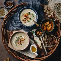 A lovely bowl of warm mushroom and cream soup on a cold day. The rustic, layered styling with a wicker tray and old book pages creates a cozy and comforting scene.