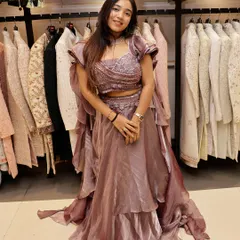A full-length view of this trendy Indo-Western outfit, perfect for the fashion-forward wedding guest.