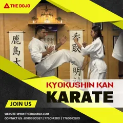 A student and instructor practice Kyokushin Kan Karate. This full-contact discipline builds incredible toughness, self-discipline, and confidence through rigorous training and sparring.