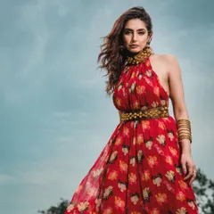 A low-angle shot against a bright blue sky, making the model in her vibrant red dress appear powerful and statuesque. This technique is great for creating heroic and memorable fashion images.