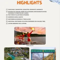 This graphic highlights the key experiences of our Char Dham package, including the Ganga Aarti in Haridwar and a visit to Mana, the first Indian village.