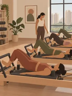 An illustration of a group reformer class: four reformers in a row, each a wooden frame with a sliding padded carriage, springs and a foot bar, a woman lying on each, and a teacher standing among them