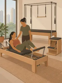 An illustration of a one to one session in a quiet studio: a woman sits on a reformer with a teacher's hand on her shoulder, and behind them a Cadillac, a padded table under a tall frame of bars and springs, and a Wunda chair, a small box with a sprung pedal. Nobody else