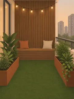 An illustration of a balcony with artificial grass over the floor, a wooden slat wall, a built-in bench with two cushions, two long planter boxes of plants and a string of bulbs