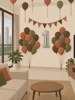 An illustration of a living-room wall in a Bengaluru flat: bunches of terracotta, olive and brown balloons tied to weights on the floor, a few more tied to the ceiling with ribbons hanging, a silver foil 1 and a plain pennant bunting
