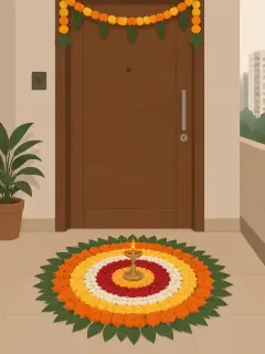 An illustration of a round flower-petal rangoli at a flat's door: rings of orange and yellow marigold, red rose and white chrysanthemum petals edged with mango leaves, a small brass lamp in the middle and a marigold toran over the door