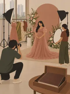 An illustration of a long maternity shoot in a big studio: a pregnant woman in a gown on a set with fresh flowers, a rail of four more outfits including a saree, a photographer kneeling with a camera, an assistant holding a reflector, two lights and a leather album in a wooden box
