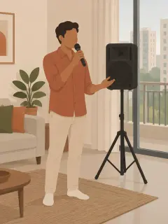 An illustration of a young man in a Bengaluru flat's living room holding a wireless microphone beside one speaker on a tripod stand, with a sofa, a plant and high-rise towers through the window