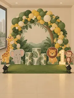An illustration of a jungle first-birthday stage in a party hall: a printed jungle backdrop under a heavy green, yellow and cream balloon arch, life-size animal cutouts, leaf-print plinths, a lit 1, grass carpet and two focus lights