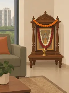 An illustration of a small carved wooden mantapa on a low stool in the corner of a Bengaluru flat, with a framed picture of the deity inside hung with a red rose garland and a white jasmine garland, one string of marigold along the top and a small brass lamp in front