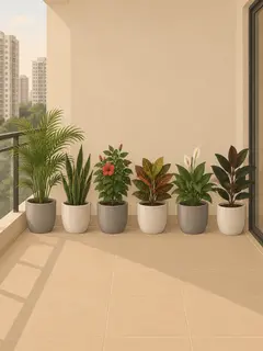 An illustration of a balcony with six plants, among them an areca palm, a snake plant and a hibiscus, in matching grey and white planters in a line along the wall