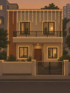 An illustration of a two-floor house at dusk, its terrace edge, first-floor edge, sides, windows, compound wall and gate outlined in warm-white rice lights, with strings hanging down from the terrace