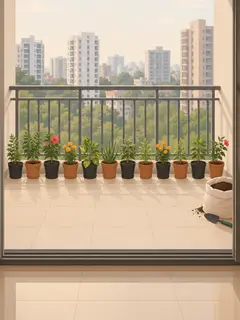 An illustration of a Bengaluru apartment balcony with twelve small nursery plants in black plastic and terracotta pots in one row along a steel railing, a bag of potting mix and a trowel in the corner
