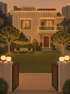 An illustration of a villa at dusk: curtains of warm-white lights down the front wall, two garden trees wrapped in lights, a canopy of lights over seats on the lawn and paper lanterns on the gate pillars