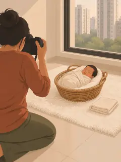 An illustration of a newborn asleep in a cream wrap in a wicker basket on a white fur rug by a window in a Bengaluru flat, a photographer kneeling with a camera and a spare wrap beside the basket