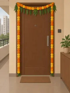 An illustration of a flat's front door off a Bengaluru apartment corridor, framed in fresh orange and yellow marigold strings with a toran of marigold and mango leaves across the top. Nothing else is decorated