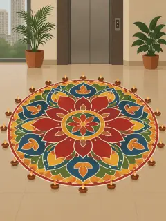 An illustration of a round coloured-powder rangoli about 8 ft across on the polished floor of an apartment lobby, a lotus mandala in red, orange, yellow, green and blue, ringed with clay diyas, with a lift door and potted palms behind