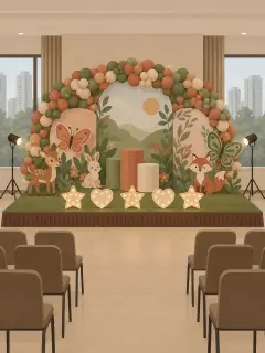 An illustration of a birthday stage in a party hall: three layered panels with a woodland scene under a heavy balloon arch, deer, rabbit, fox and butterfly cutouts, five lit stars and hearts along a grass-carpeted stage, two spotlights and rows of chairs