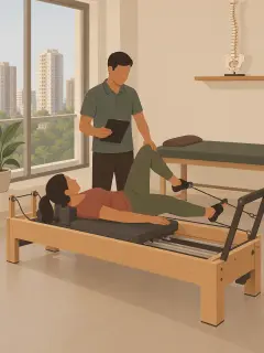 An illustration of a clinic room: a physiotherapist with a tablet stands beside a woman lying on a reformer, one hand on her knee, with a treatment couch and a model of a spine on a shelf behind