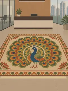 An illustration of a rangoli about 12 ft square on the floor of an office reception: a peacock with its tail spread in fine coloured-powder detail inside a geometric border, with a reception desk and glass walls behind
