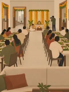 An illustration of a large hall in a house on a housewarming morning: marigold and mango-leaf torans over every doorway, a marigold and white flower backdrop behind a priest at a small fire pit, two long rows of guests eating on banana leaves, and a photographer with a camera near the pooja