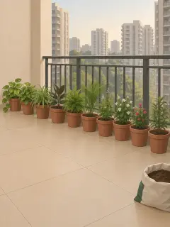 An illustration of a small Bengaluru apartment balcony with ten young plants in plain pots in one row along the railing, on the old beige floor tiles, and an open bag of potting mix in the corner