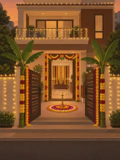 An illustration of a two-storey house in a Bengaluru layout at dusk, seen from the gate: warm white lights along the parapets, balcony and compound wall, the gate and main door framed in marigold and rose garlands with banana stems, a round petal rangoli with a brass lamp at the entrance, and through the door a pooja corner with a wall of flower garlands and tall brass lamps